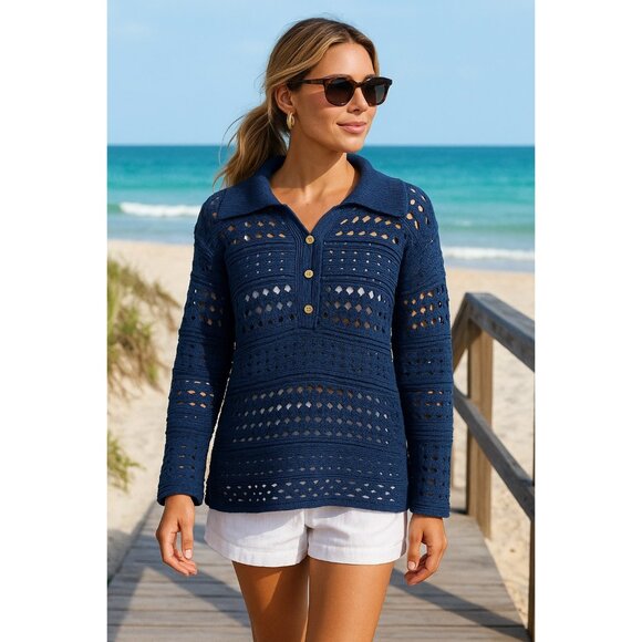 Sundance Women’s Medium Navy Crochet Knit Sweater – 100% Cotton Boho Beach M - Picture 1 of 7